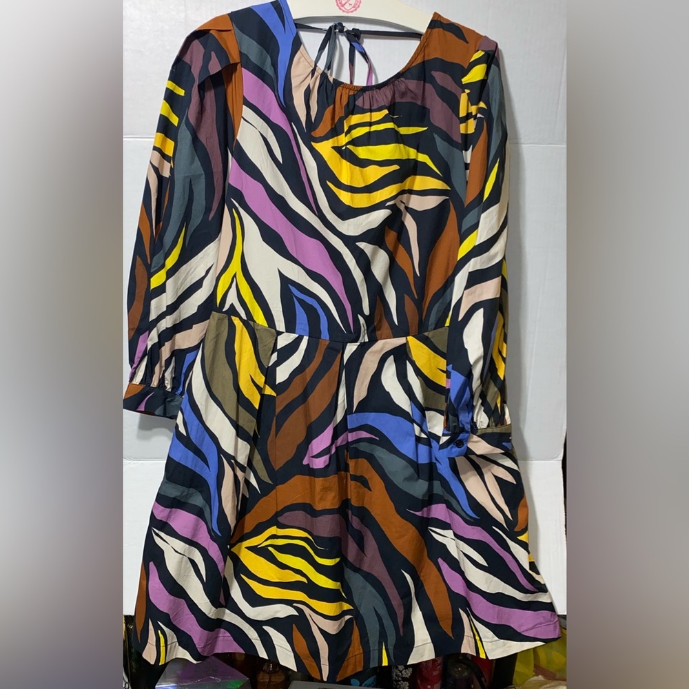 WHO WHAT WEAR 100% COTTON MULTICOLORED ZEBRA PRINT PUFF SLEEVE DRESS